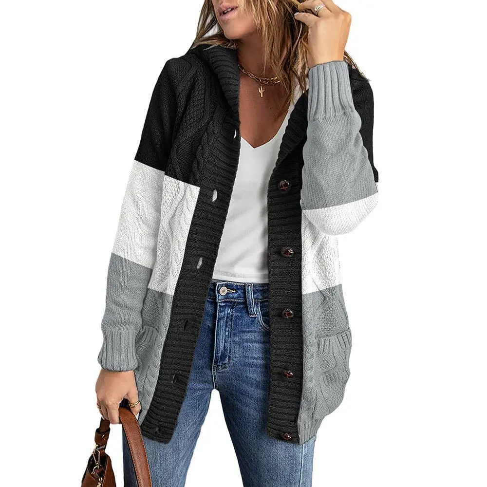 Women's Winter Solid Color Mid-length Cardigan Sweater Coat - 102 Black And White