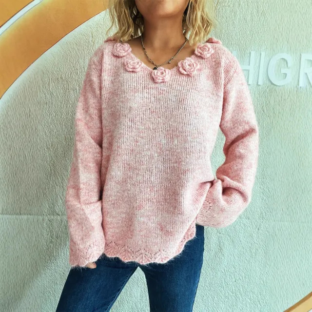 New Patchwork Flower Solid Color Sweater For Women Pink - Shop at LoveMi