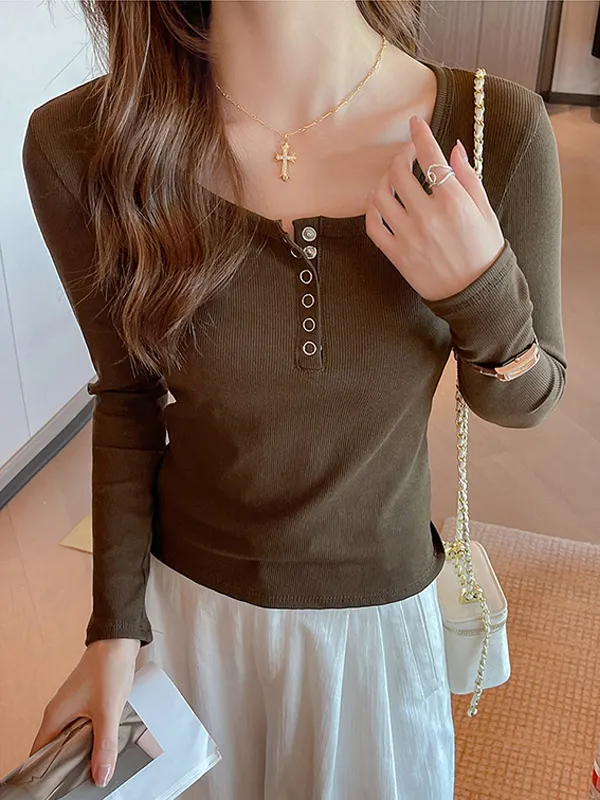 Women's Solid Color Casual Button Round Neck Top Brown - Shop at LoveMi