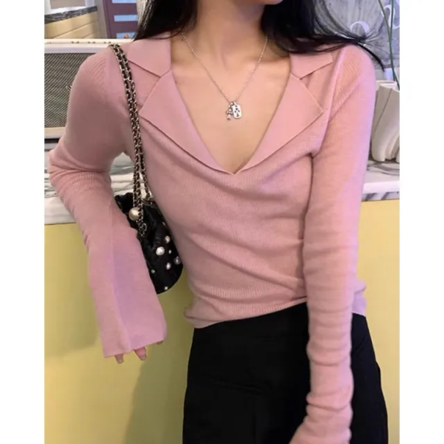 V neck Sweater Sweater Inner Wear Slimming Long Sleeve Top Pink - Shop at LoveMi