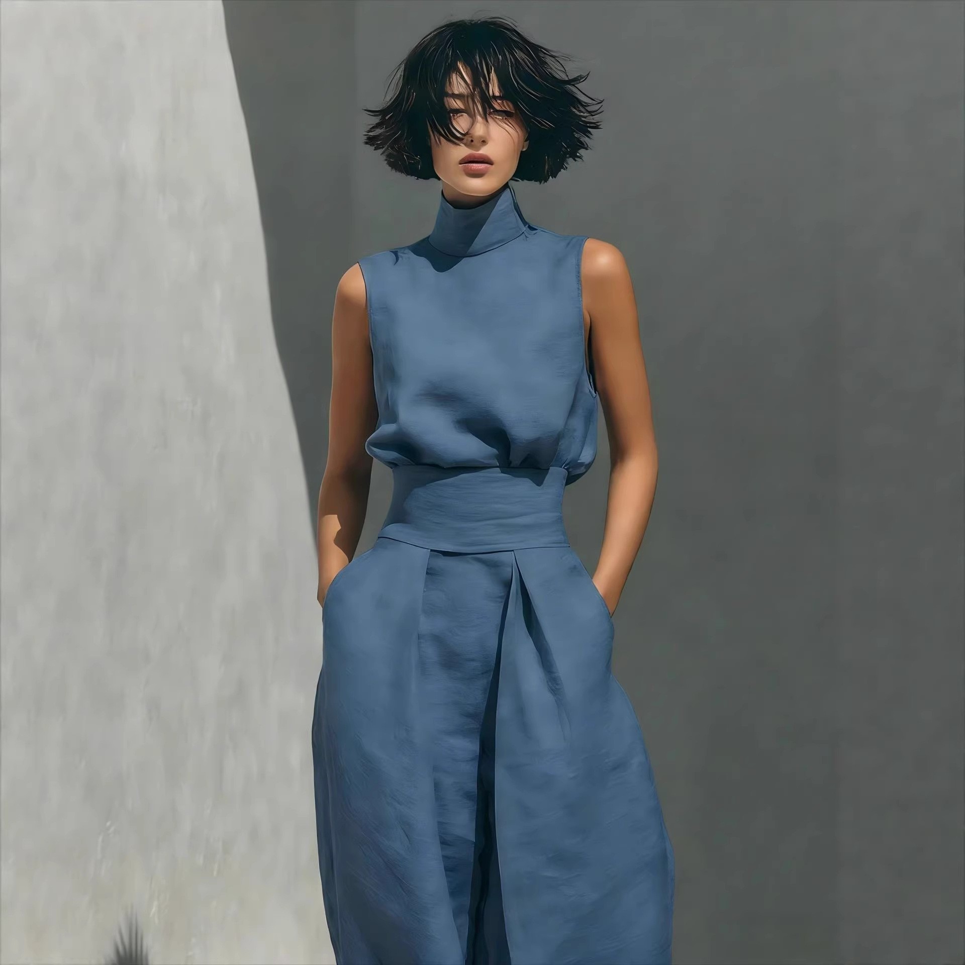 Women’s Cotton Linen Two-Piece Set – Sleeveless Top & Wide-Leg Pants