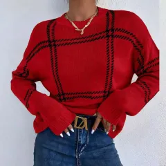 Women's Casual Plaid Colour-block Crew Neck Sweater - Red - View 1