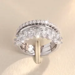 Geometric Design Zircon Ring Three-piece Set - T0348 White Gold Color - View 1
