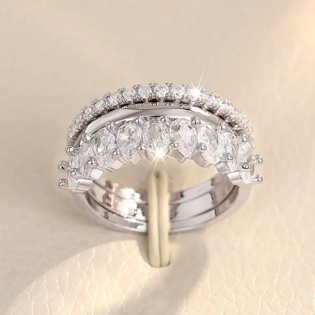 Geometric Design Zircon Ring Three piece Set T0348 White Gold Color - Shop at LoveMi