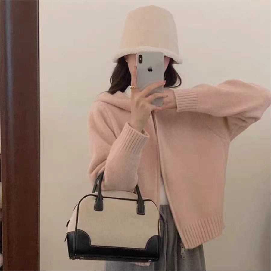 Idle Style Hooded Knit Cardigan Double Zipper Niche Design Cropped Sweater Coat Pink - Shop at LoveMi