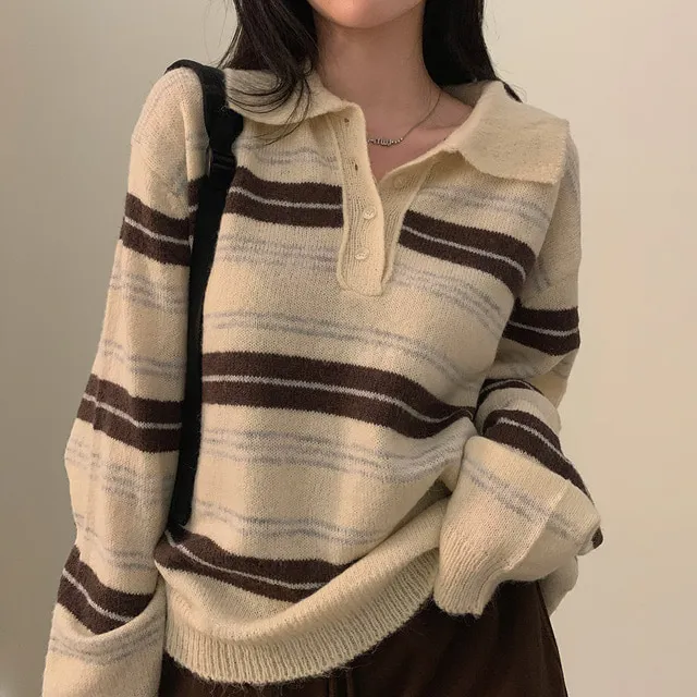 Contrast Color Loose Long Sleeve Striped Sweater Sweater Beige - Shop at LoveMi