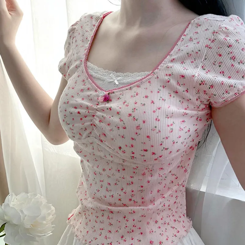 Lace Stitching Square Collar Pleated Bow Short Sleeve T-shirt - Pink