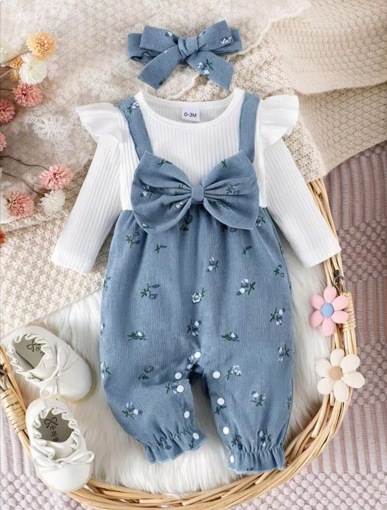 Bow-Knot Flounce-Sleeve Mock Two-Piece Corduroy Long-Sleeve Jumpsuit