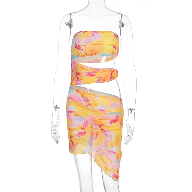 Summer Women's Printed Wear Beach Vacation Off-shoulder Tube Top Cinched Waist Hip Dress - Color