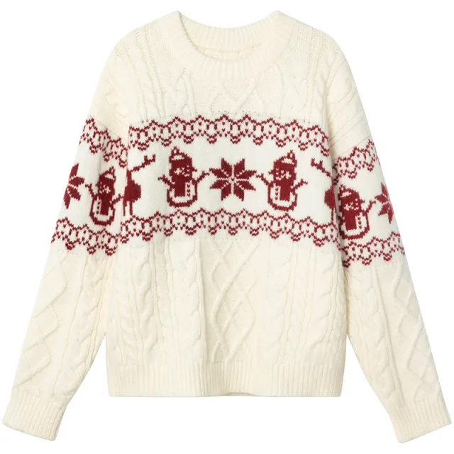 New Loose Christmas Jacquard Geometric Sweater Beige - Shop at LoveMi