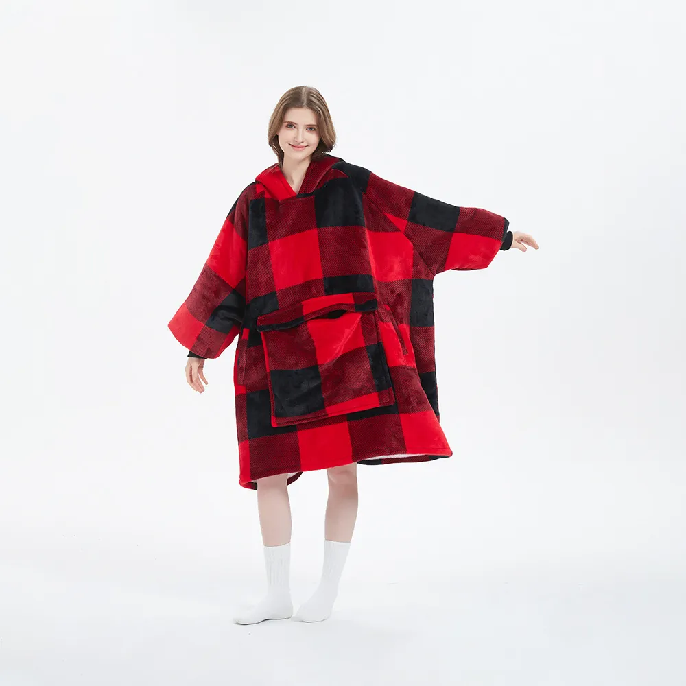 Hooded Large Pocket Flannel Oversized Lazy Sweater - Red And Black Large Plaid