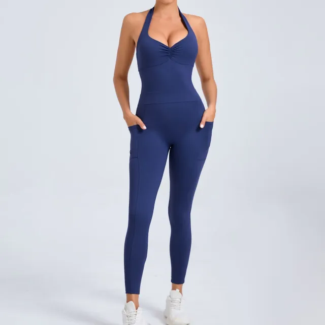 European And American Halter Side Pockets Yoga Jumpsuit Navy Blue - Shop at LoveMi