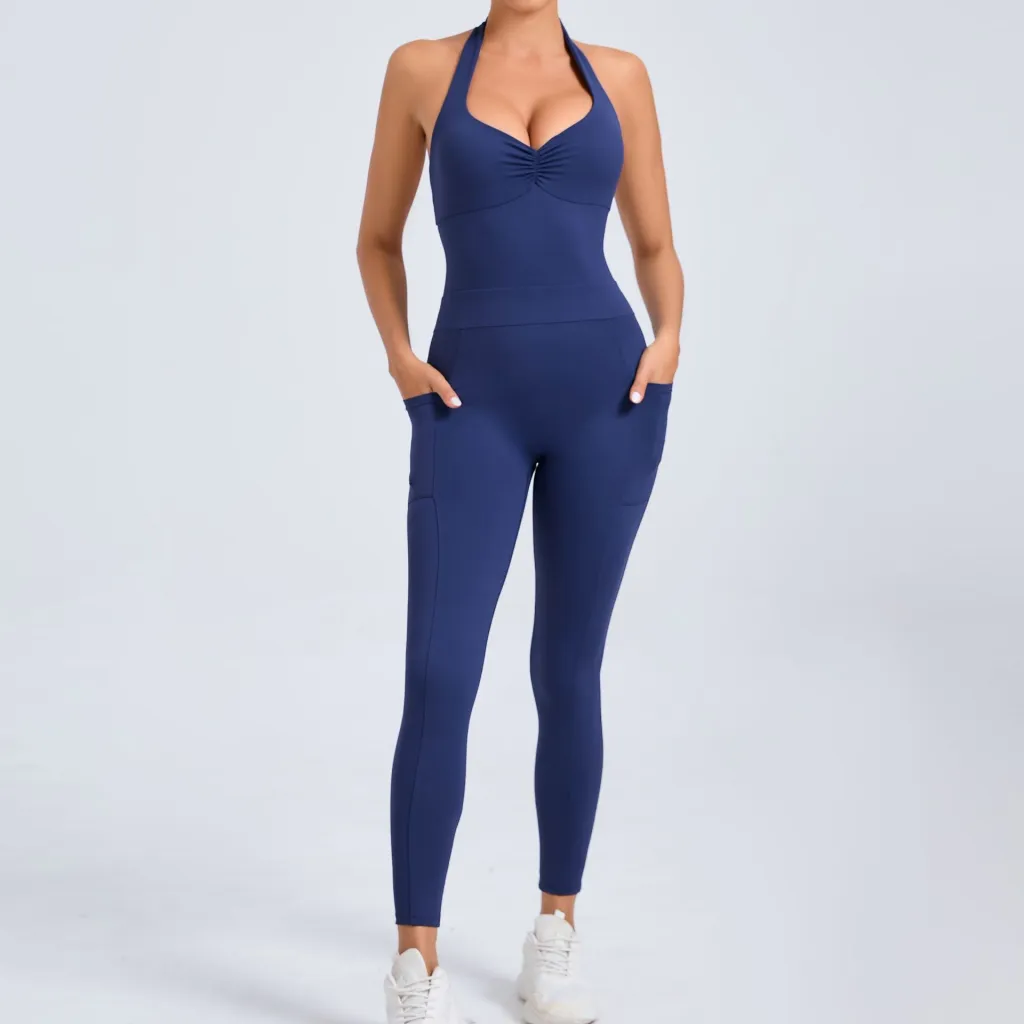 European And American Halter Side Pockets Yoga Jumpsuit - Navy Blue
