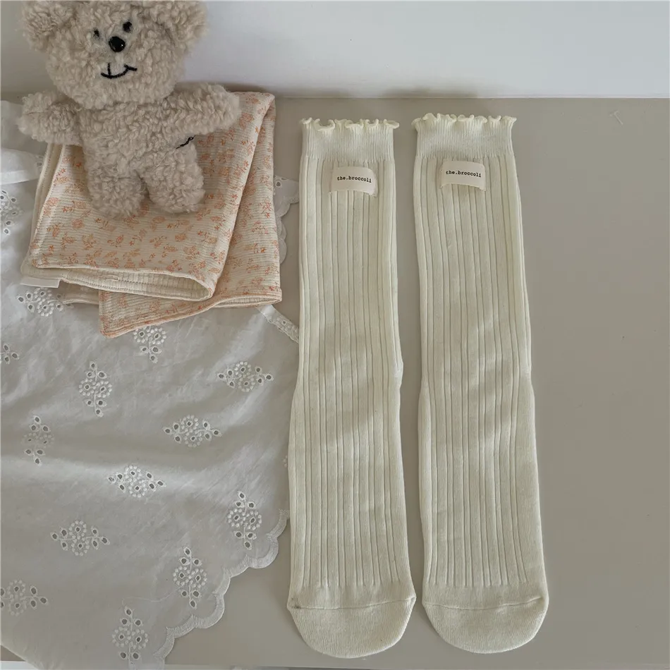 New Autumn And Winter Sweet Ruffled Socks For Girls Solidcolor Mid-calf Length - Wool White