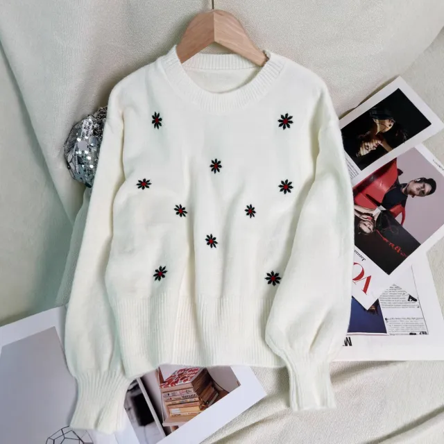 Women's Casual Embroidered Flower Sweater White - Shop at LoveMi