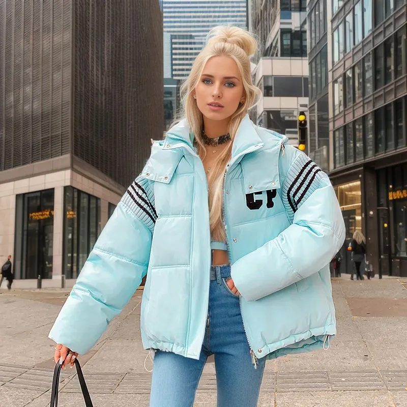 Down Cotton Hooded Bread Female Thickened Loose-fitting Jacket - Aqua Blue