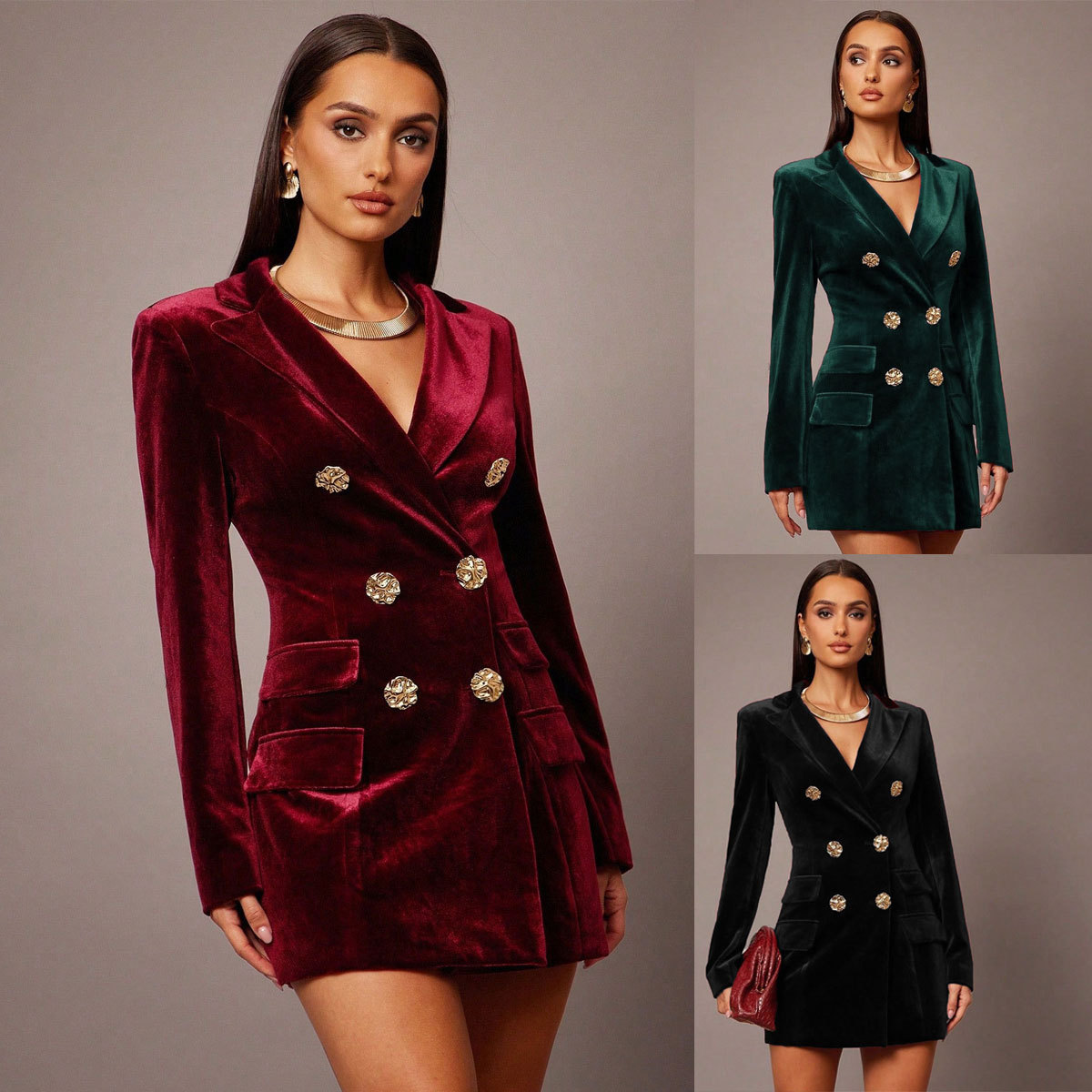 Turn-down Collar Elegant British-style Double-breasted Slim-fit Suit Dress