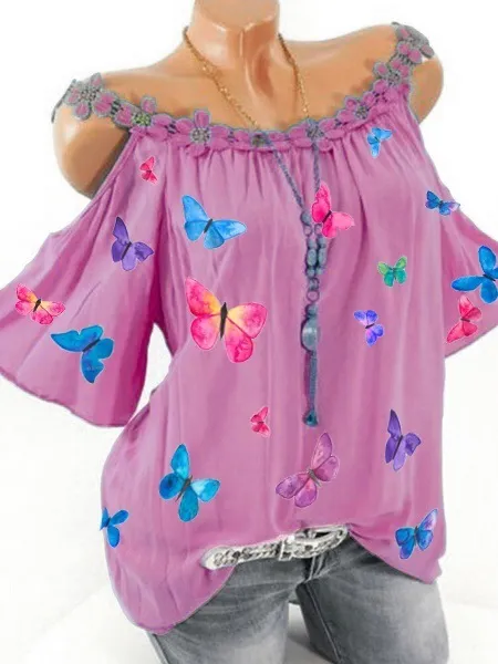 Printing Shoulder Girdle Lace Collar Vest Pink - Shop at LoveMi