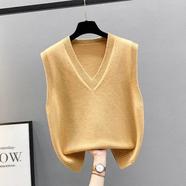 Female Knitting Sweater V neck Loose fitting Waistcoat Yellow - Shop at LoveMi