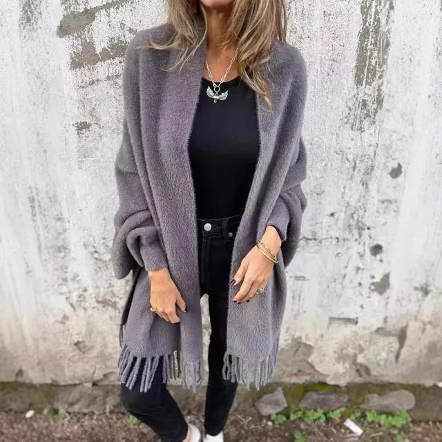 Women's Knitted Batwing Sleeve Cardigan With Tassel Design Fashion Loose Shawl Outwear Clothing Gray - Shop at LoveMi