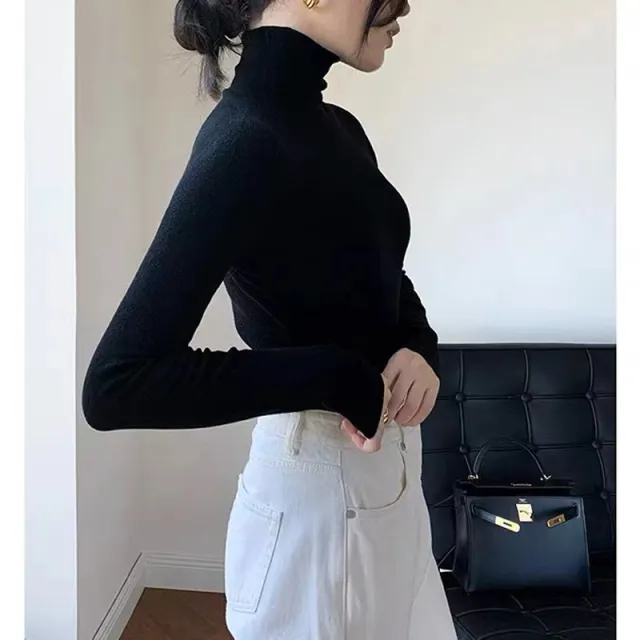 Women's Turtleneck Bottoming Shirt Fur Inner Wear Sweater Knitted Top Black - Shop at LoveMi