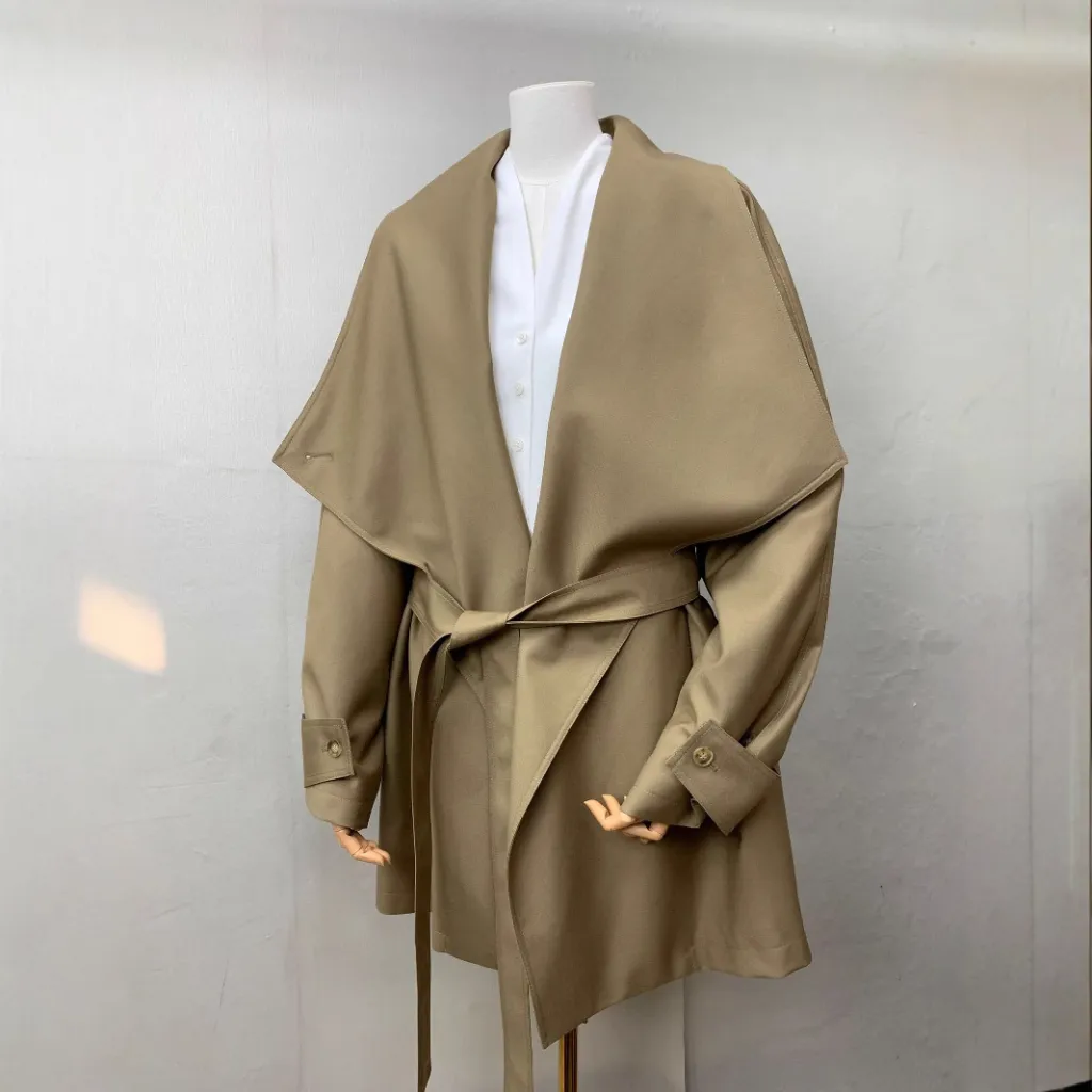 Loose Profile Commute Minimalist Black Large Lapel Design Trench Coat - Khaki