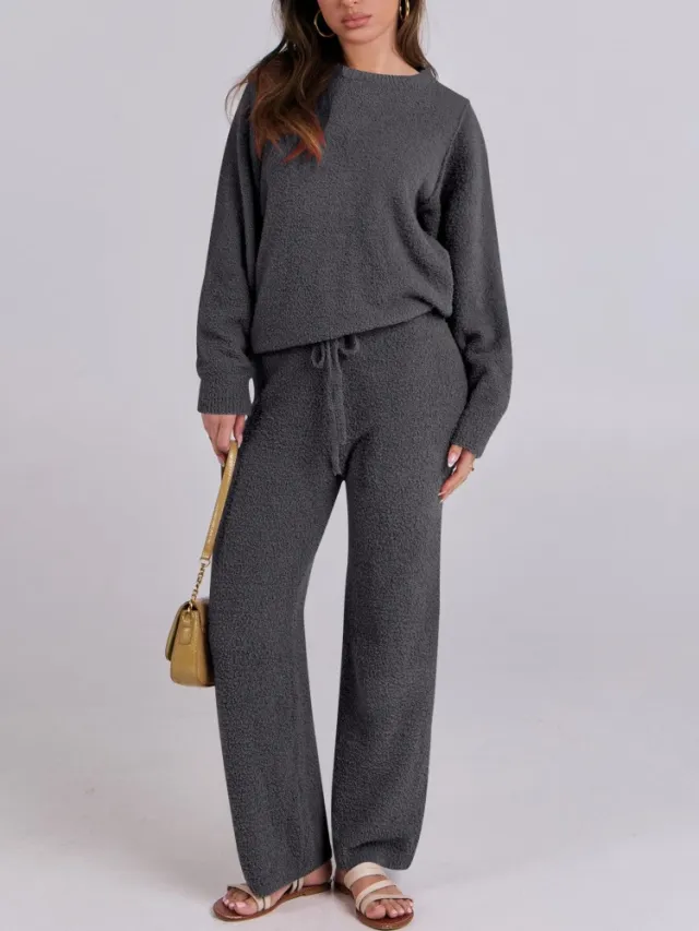 Solid Color Women's Round Neck Long Sleeve Trousers Warm Suit Gray - Shop at LoveMi