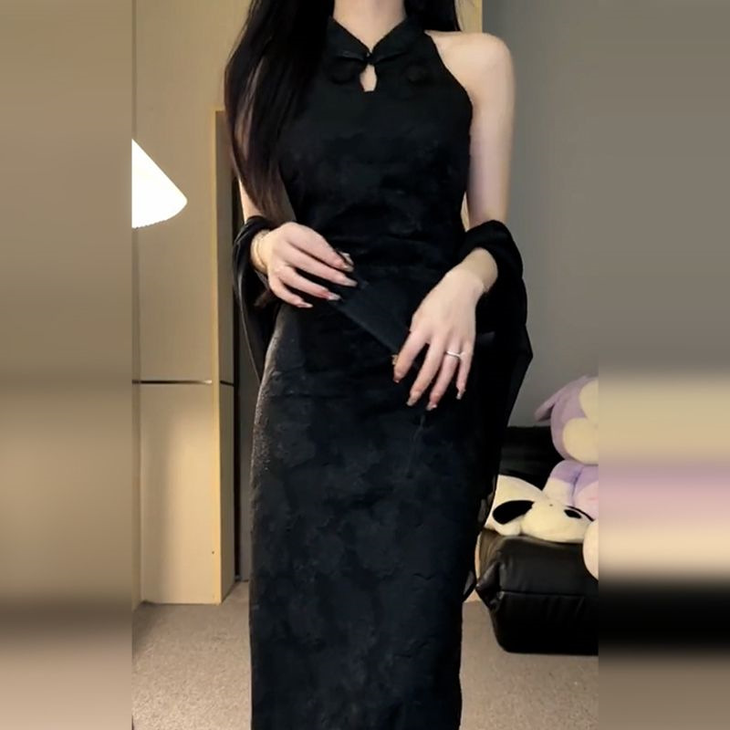 Women's Retro style Elegant Cheongsam Dress And Shawl Cardigan Set Black Suit - Shop at LoveMi