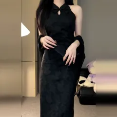 Women's Retro-style Elegant Cheongsam Dress And Shawl Cardigan Set - Black Suit - View 1