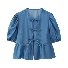 Women's Casual Loose Denim Lace Up Top - Blue - View 1