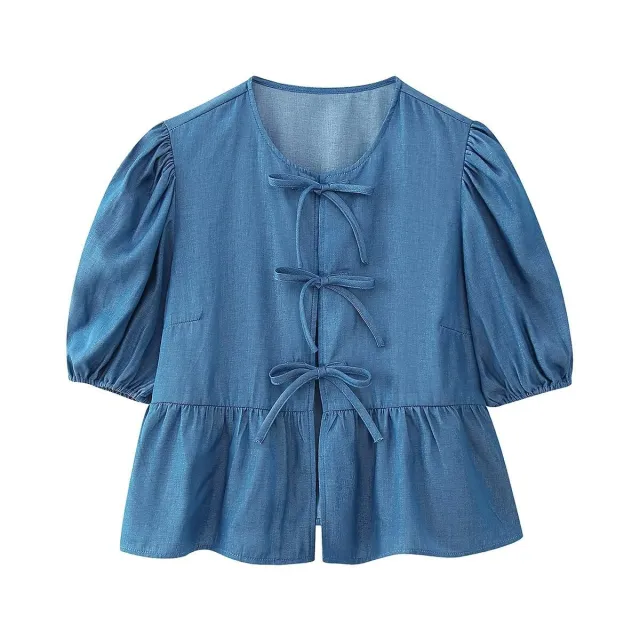 Women's Casual Loose Denim Lace Up Top Blue - Shop at LoveMi