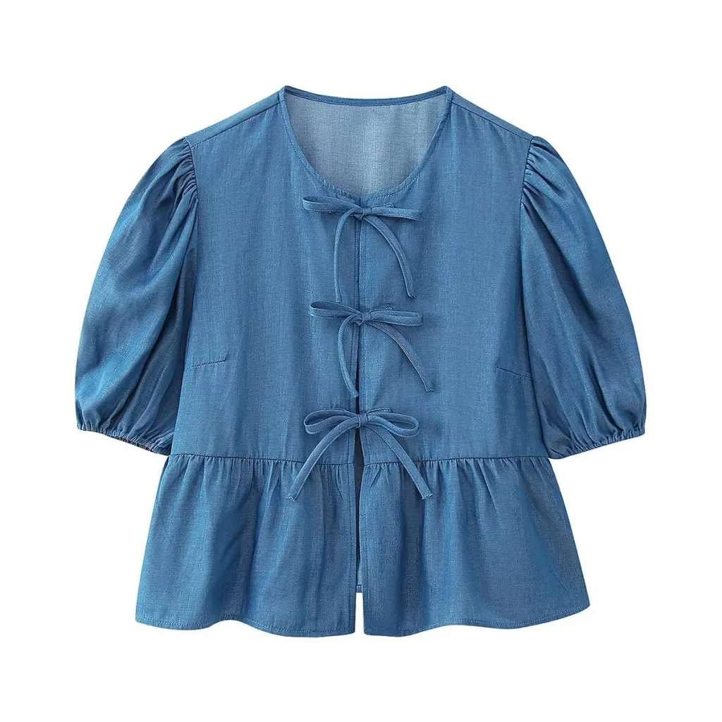 Women's Casual Loose Denim Lace Up Top - Blue