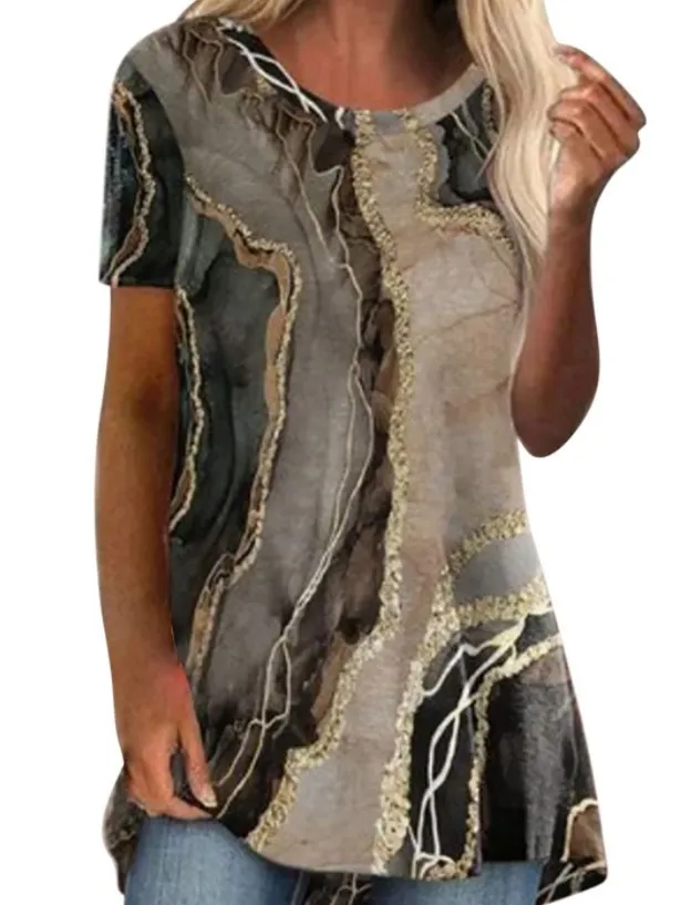 Crew Neck Casual Vintage Print Short Sleeves T-shirt For Women - Figure 4-Xxl