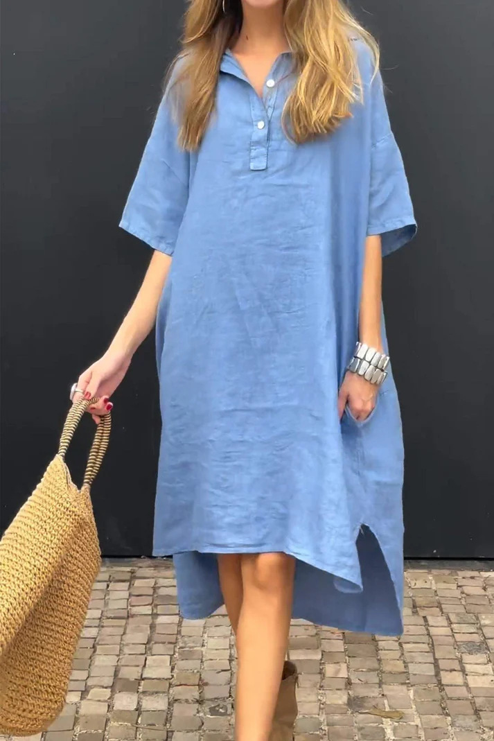 New Solid-color Casual Cotton-linen Long Dress With A Turn-down Collar And Buttons
