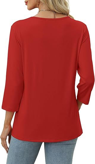Red autumn button v-neck cotton t-shirt for women