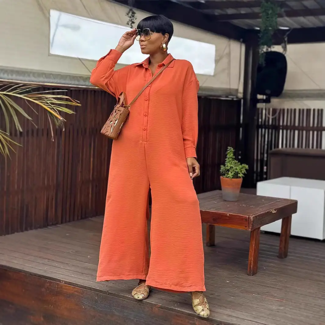 Casual Loose Round Neck Long Sleeve Wide Leg One-piece