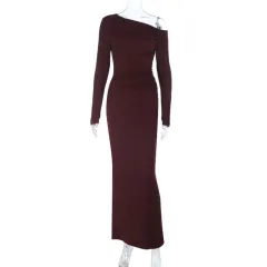 Oblique Shoulder Sexy Backless Long Sleeve Slim Dress Women Ins - Wine Red - View 1