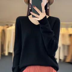 Women's Wool Sweater V-neck Autumn And Winter New Solid Color Loose-fitting Versatile Wool Loose Bottoming Shirt - Black - View 1