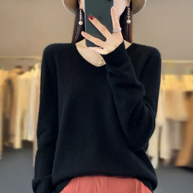 Women's Wool Sweater V neck Autumn And Winter New Solid Color Loose fitting Versatile Wool Loose Bottoming Shirt Black - Shop at LoveMi