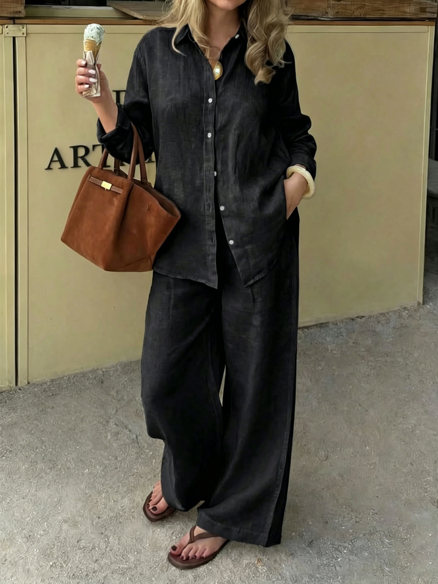 Simple Linen Two-piece Set With A Lapel And Long Sleeves 8