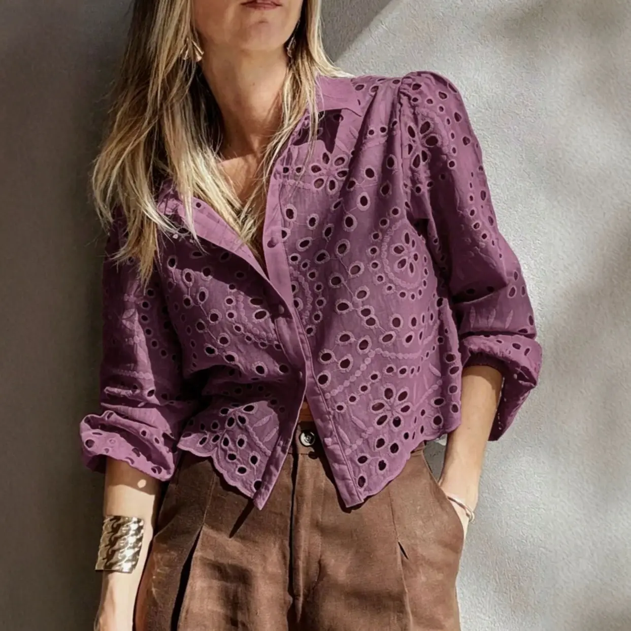 Women's Solid-color Loose-fit Hollow-out Embroidered Short Shirt