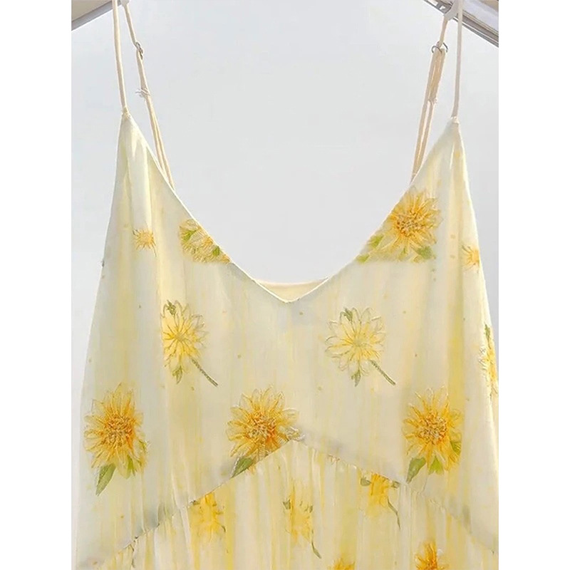Yellow Floral-print Dress Strap-style Mood-setting Skirt