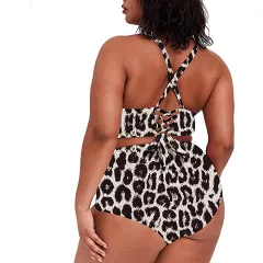 Solid Colour Split Sexy Plus Size Fashion Swimsuit - Leopard - View 1
