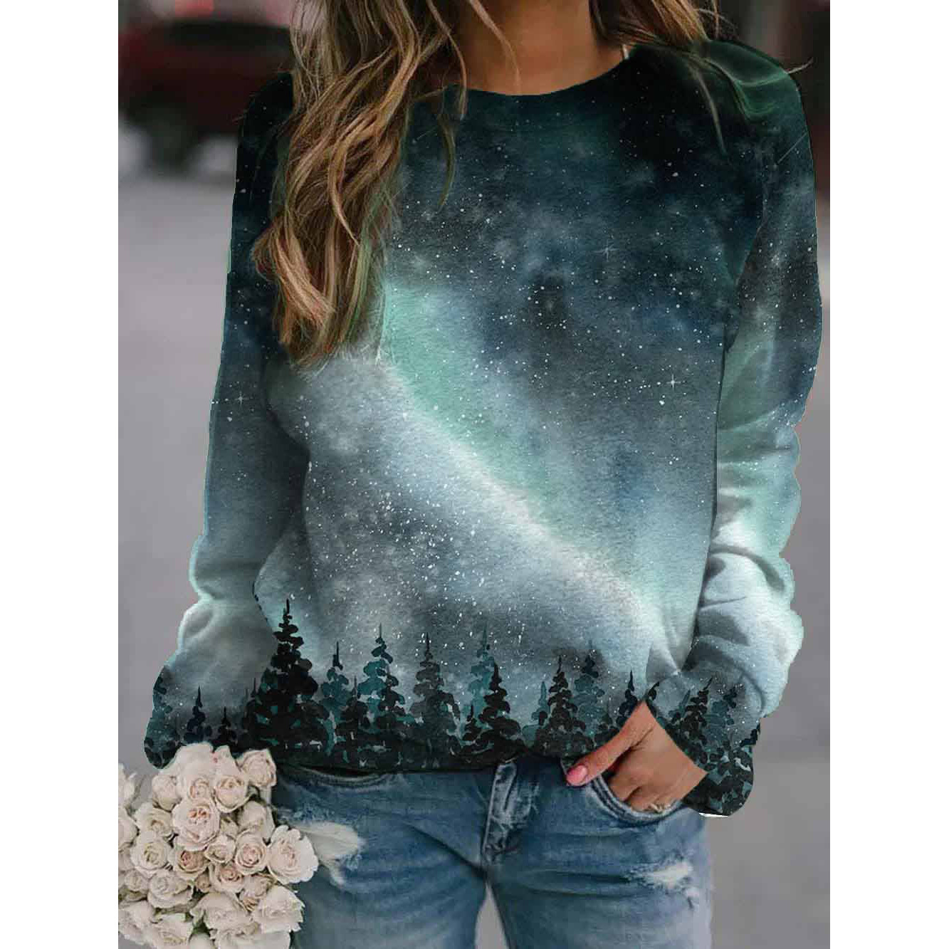 Title 5, Landscape Flower Floral Print Long Sleeve Pullover