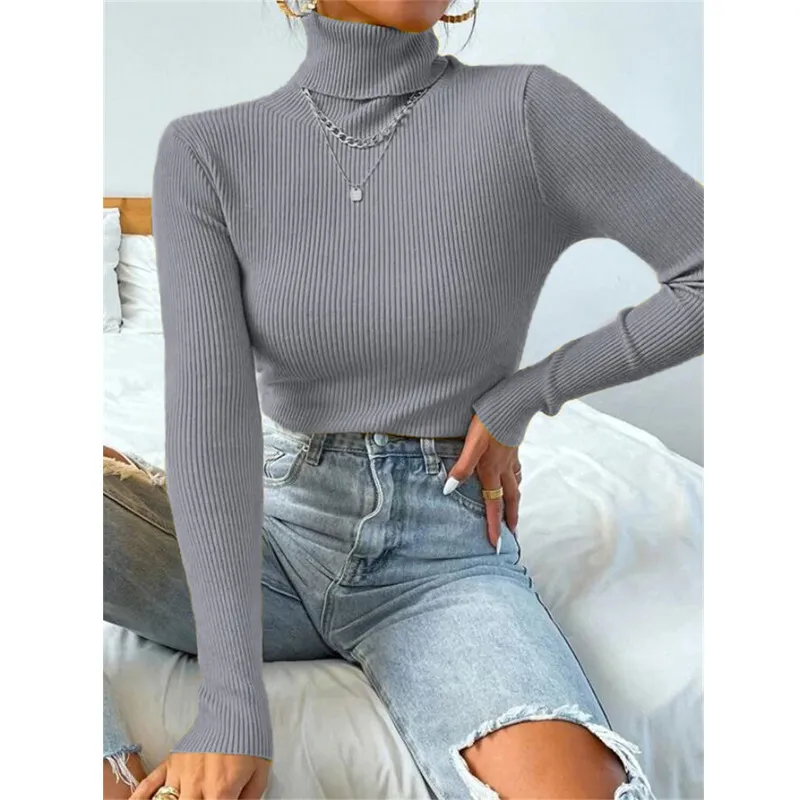 Turtleneck Sweater Pullover Knitted Top T-shirt - Gray