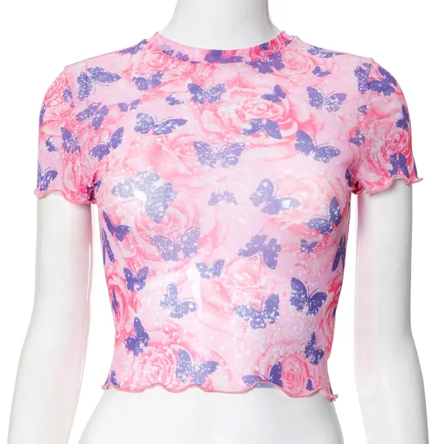 Butterfly Print Round Neck Midriff baring T shirt Pink - Shop at LoveMi