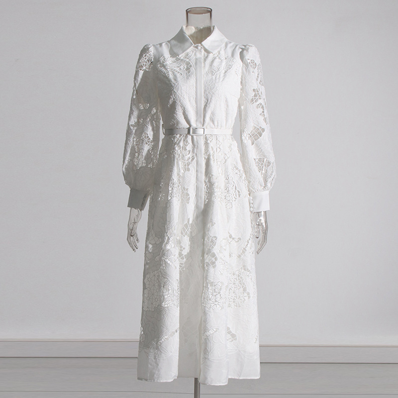 Embroidered Hollow Solid Color Dress Women