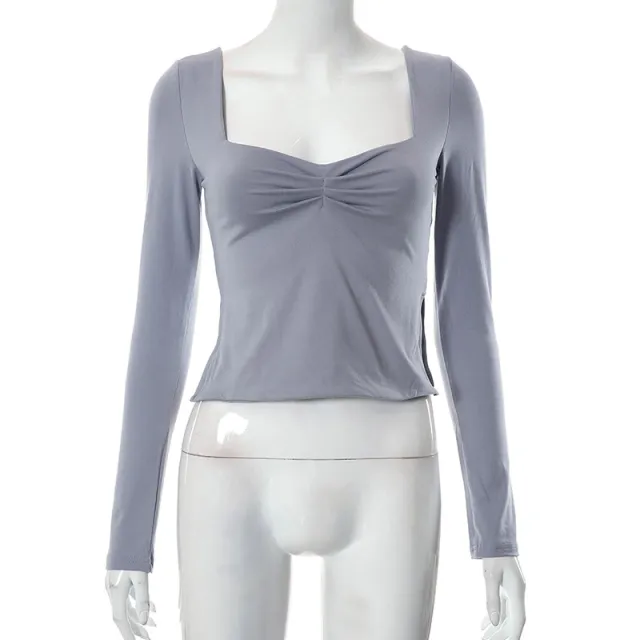 Autumn Ins New Solid Color Square Collar Long Sleeve Pleated Side Slit Top T shirt For Women Gray - Shop at LoveMi