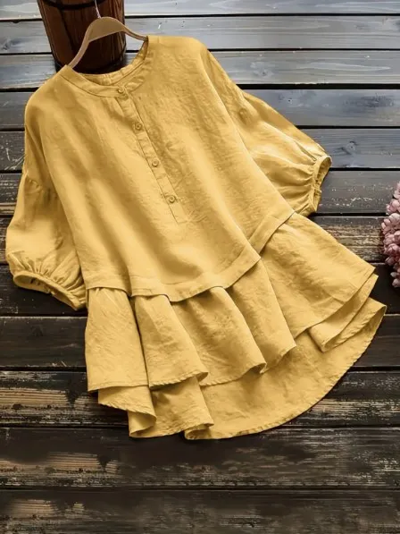 Women's Solid Color Buttons Cotton And Linen Short Sleeve Mid length Shirt Gold - Shop at LoveMi