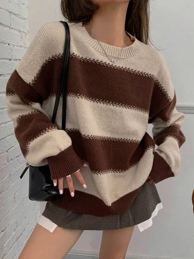 Idle Style Striped Contrast Color Autumn Round Neck Pullover Dinified Sweater Brown - Shop at LoveMi